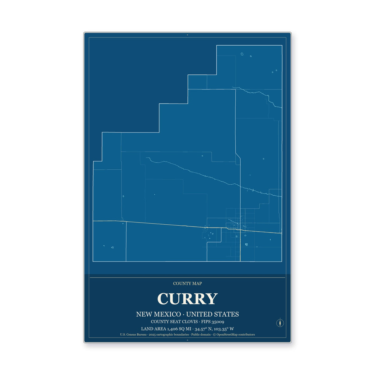 Curry County, New Mexico Map Aluminum Sign in Harbor Cobalt style