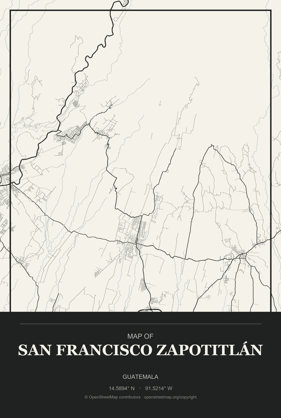 San Francisco Zapotitlán, Guatemala City Map Aluminum Sign in Museum Plaque style