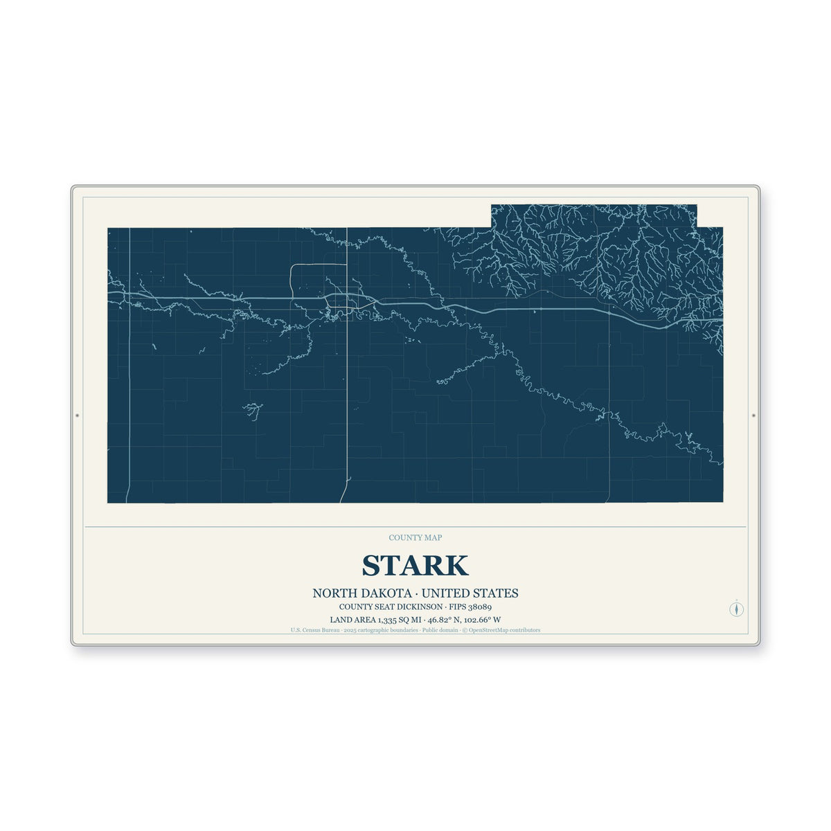 Stark County, North Dakota Map Aluminum Sign in Coastal Cutout style