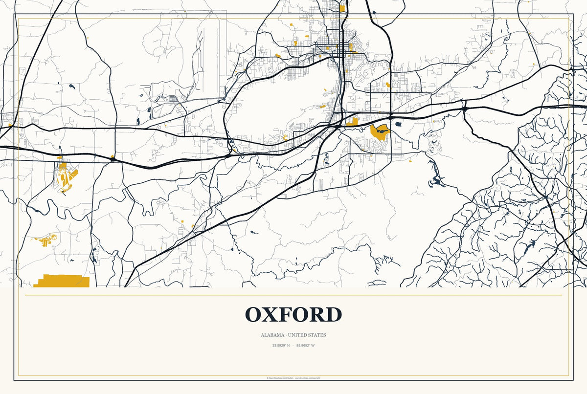 Oxford, Alabama City Map Aluminum Sign in Citrine Modern style