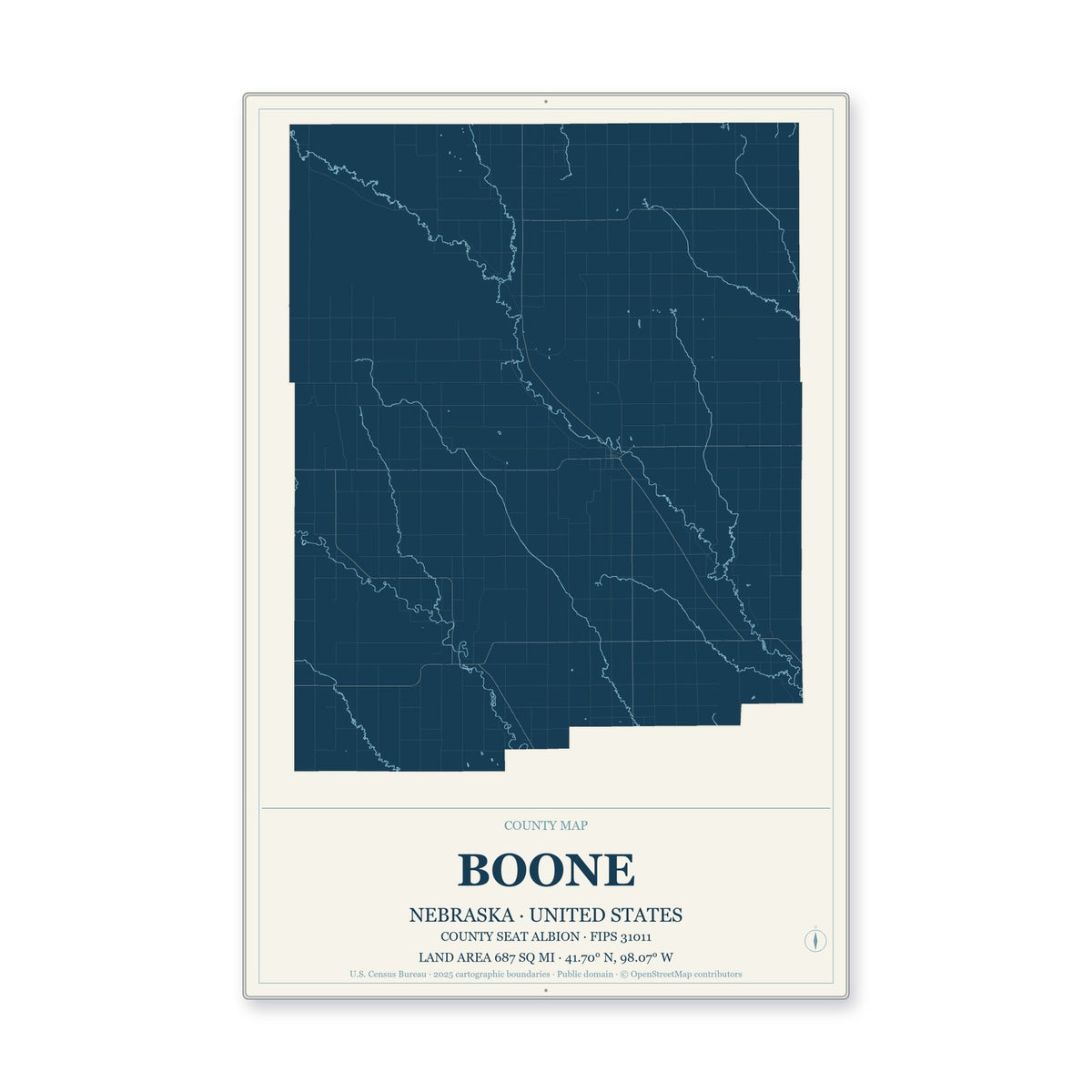 Boone County, Nebraska Map Aluminum Sign in Coastal Cutout style