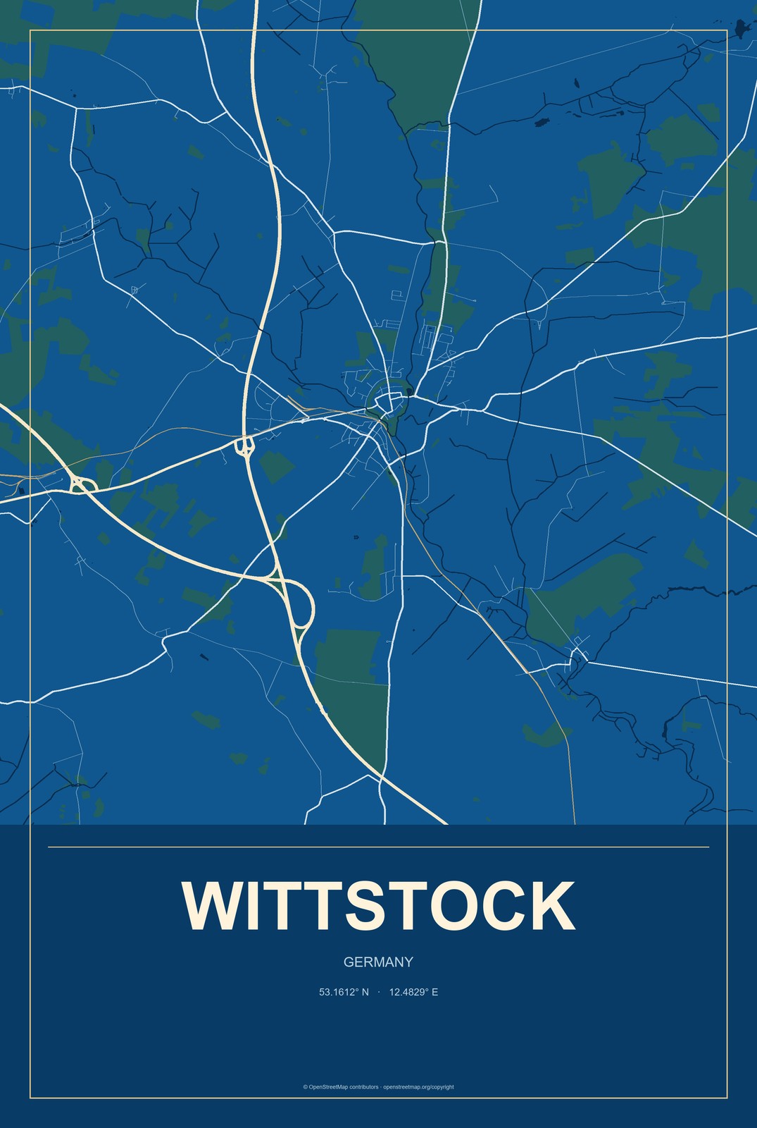 Wittstock, Germany City Map Aluminum Sign in Harbor Cobalt style