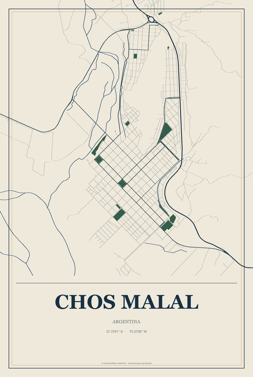 Chos Malal, Argentina City Map Aluminum Sign in Coastal Cutout style
