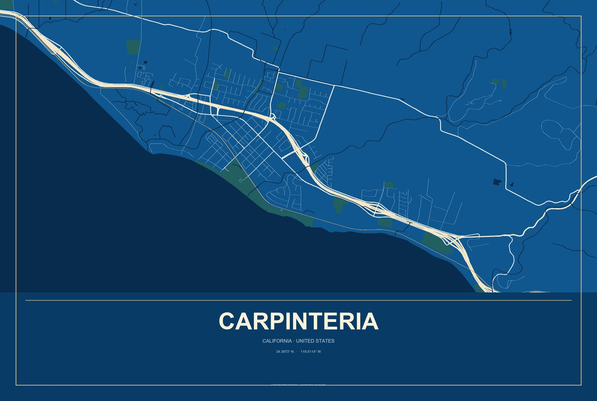 Carpinteria, California City Map Aluminum Sign in Harbor Cobalt style