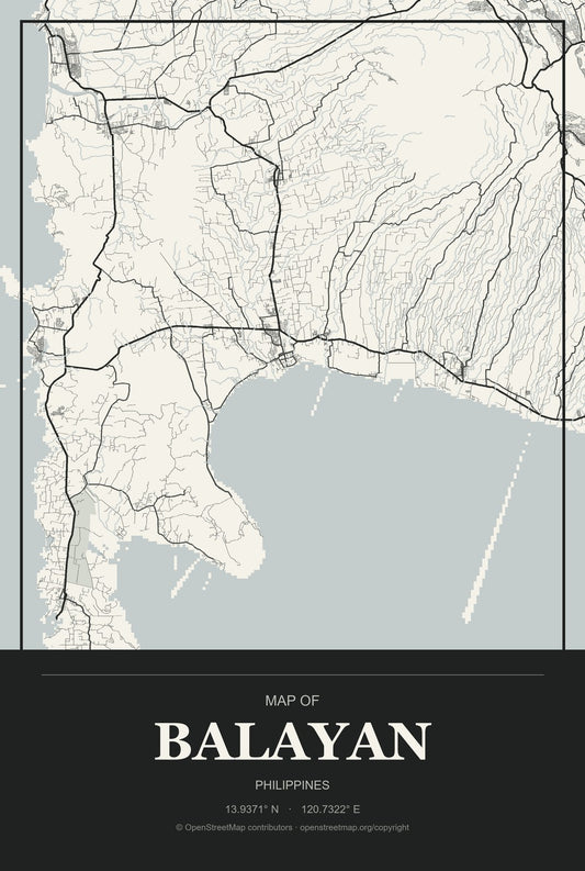Balayan, Philippines City Map Aluminum Sign in Museum Plaque style