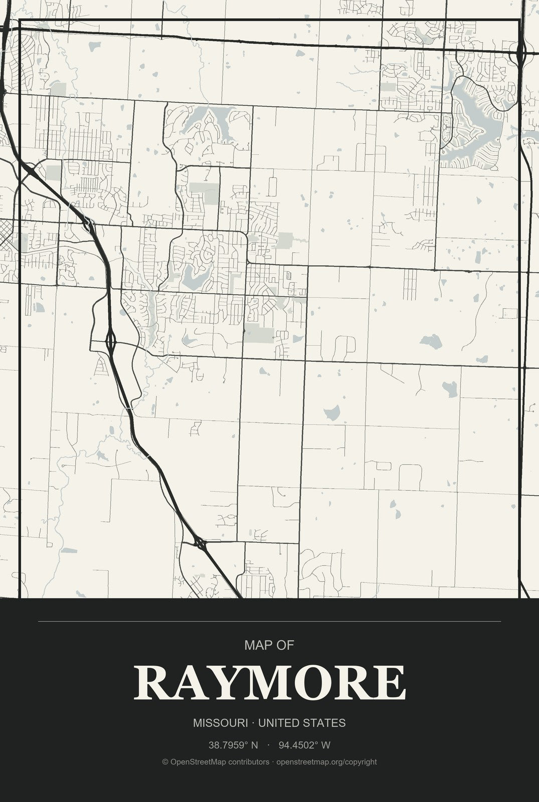 Raymore, Missouri City Map Aluminum Sign in Museum Plaque style