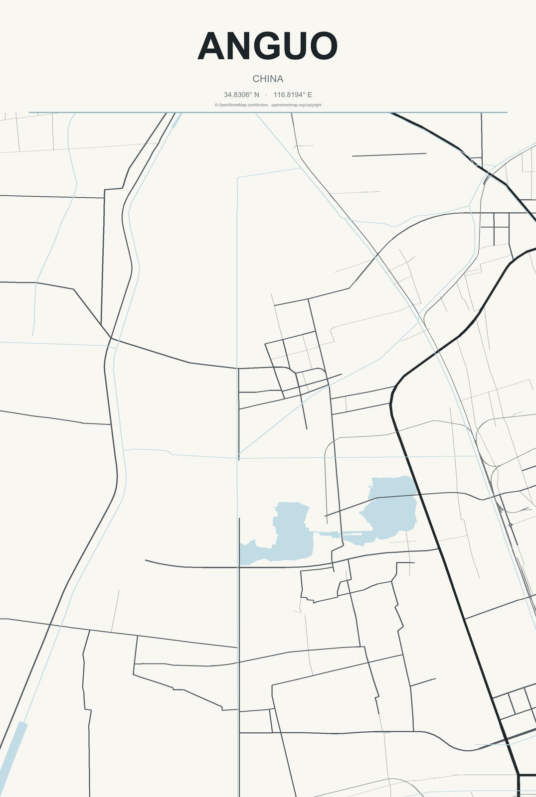 Anguo, China City Map Aluminum Sign in Headline Atlas style