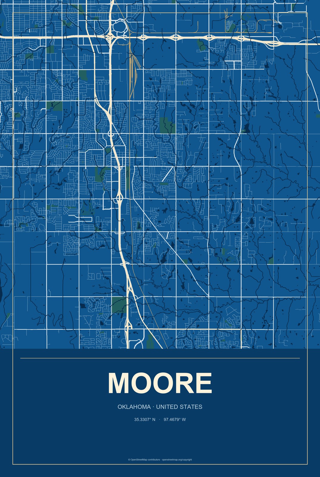 Moore, Oklahoma City Map Aluminum Sign in Harbor Cobalt style