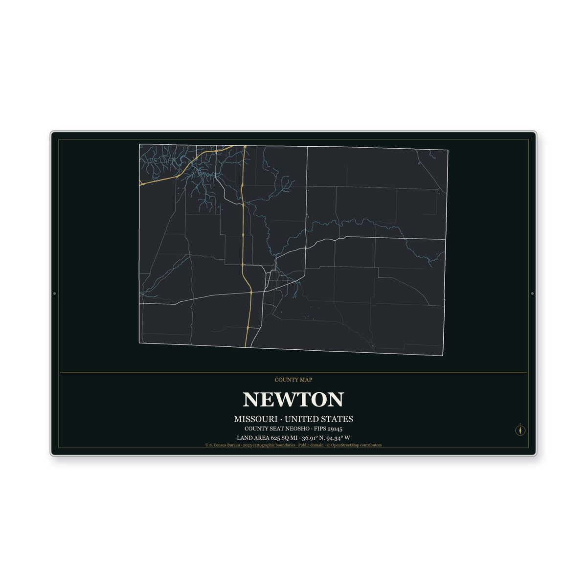 Newton County, Missouri Map Aluminum Sign in Metropolitan Noir style