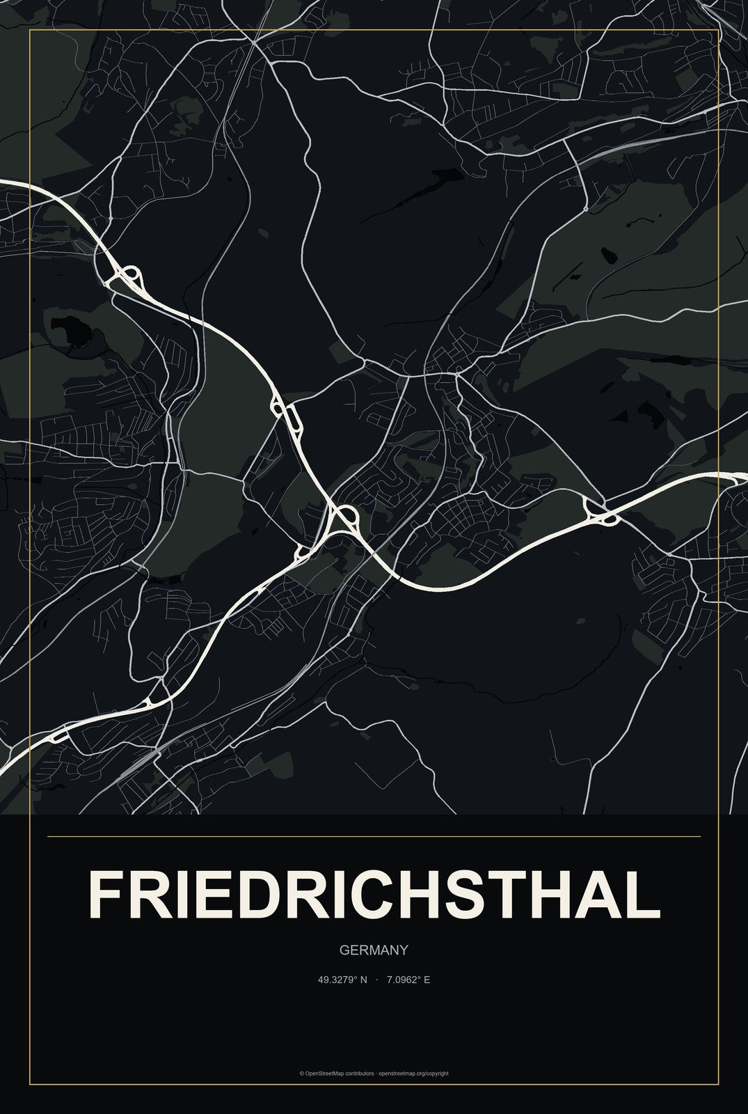 Friedrichsthal, Germany City Map Aluminum Sign in Metropolitan Noir style