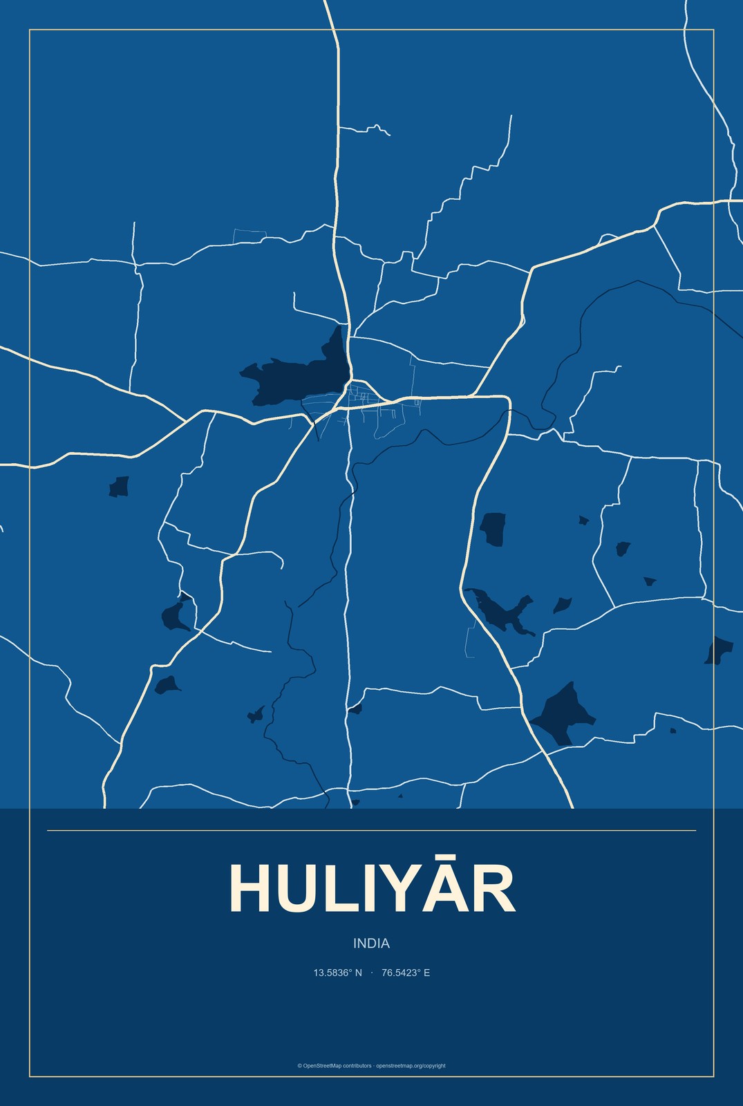 Huliyār, India City Map Aluminum Sign in Harbor Cobalt style