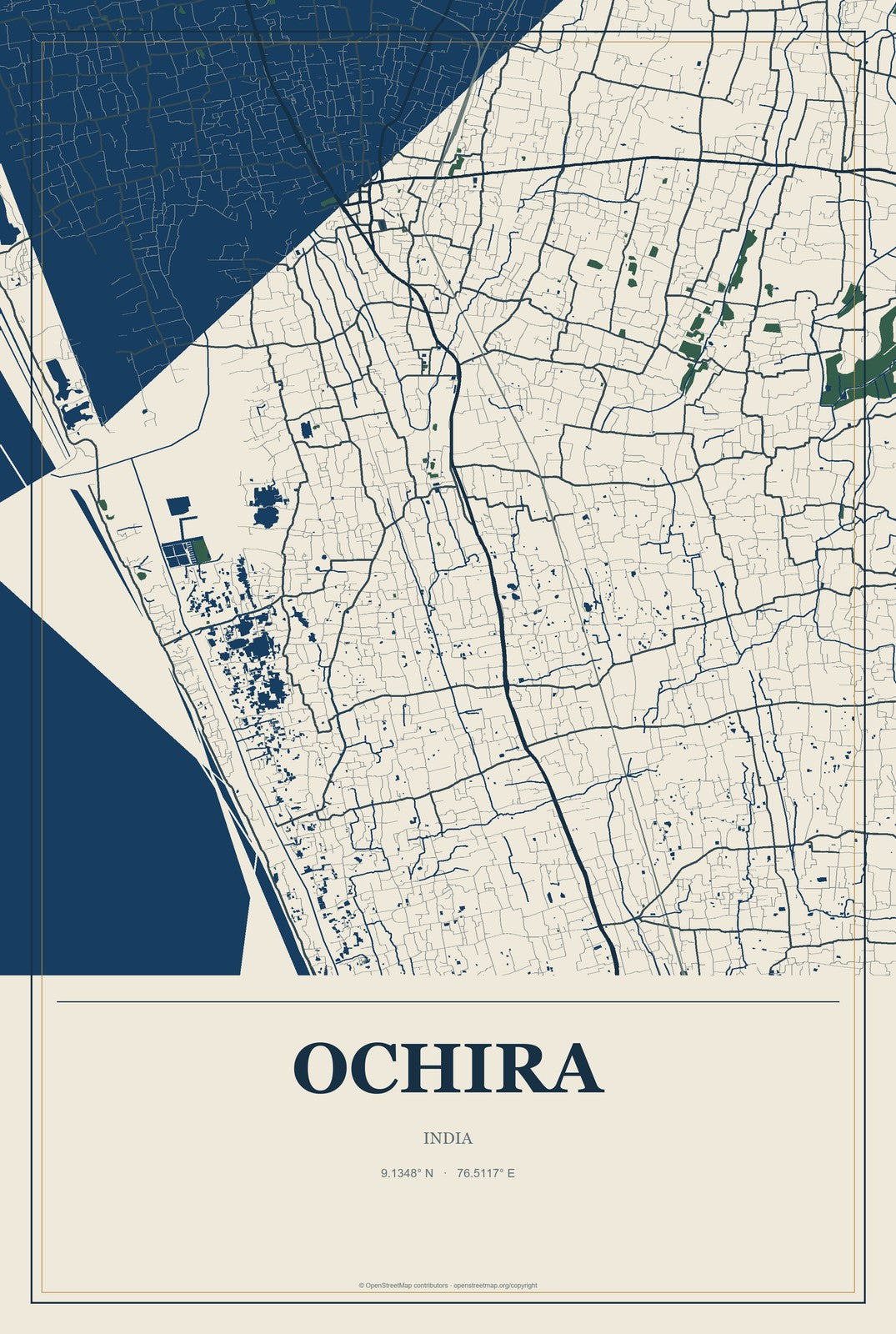Ochira, India City Map Aluminum Sign in Coastal Cutout style