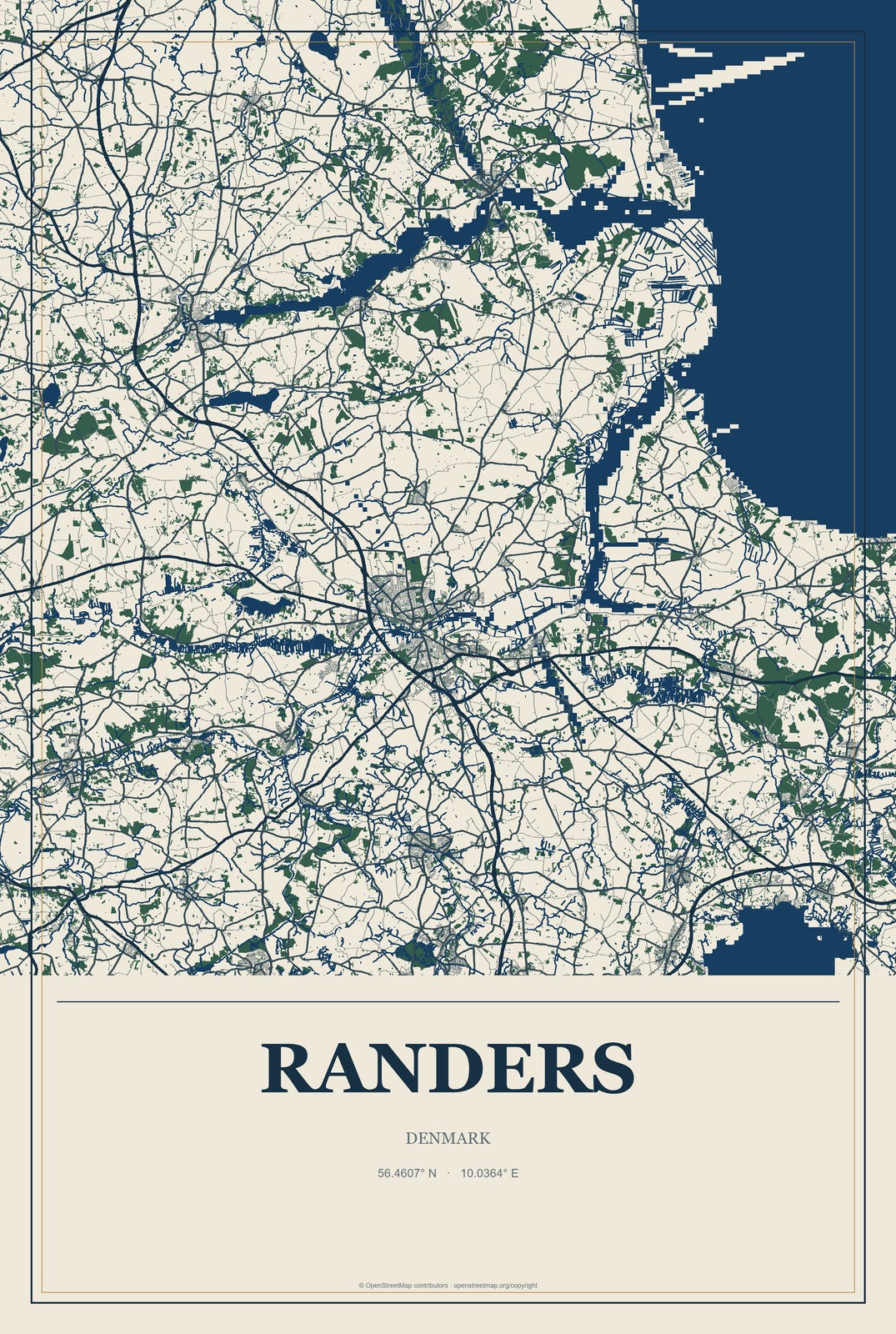 Randers, Denmark City Map Aluminum Sign in Coastal Cutout style