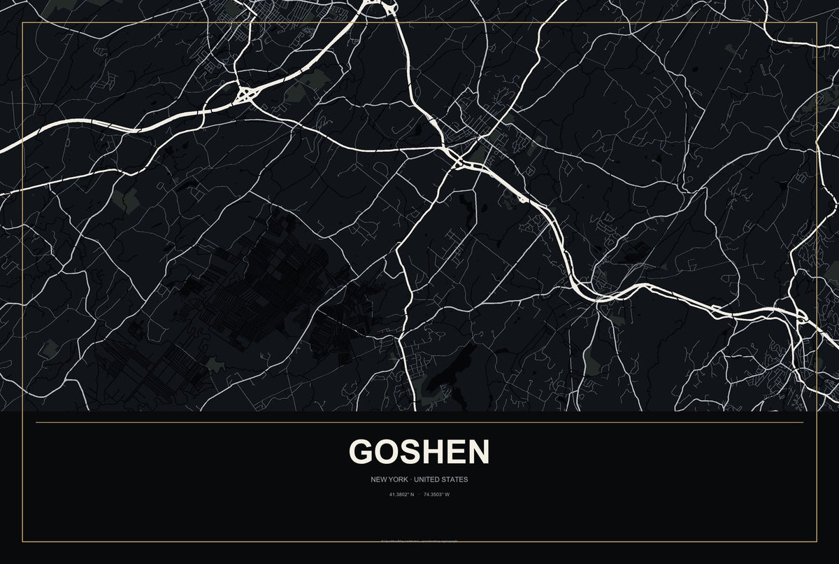 Goshen, New York City Map Aluminum Sign in Metropolitan Noir style