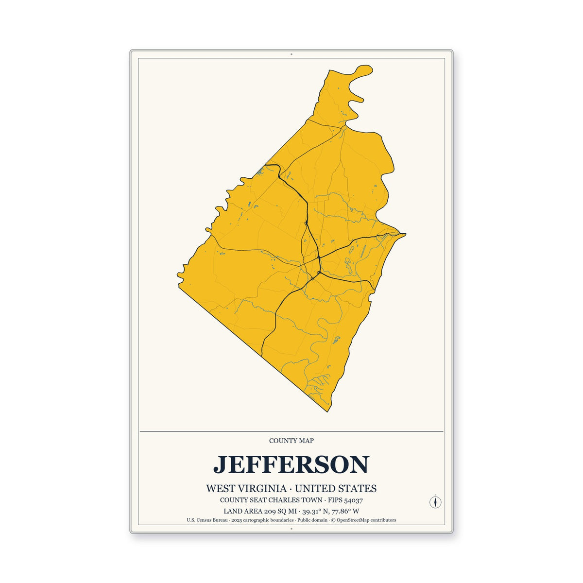 Jefferson County, West Virginia Map Aluminum Sign in Citrine Modern style