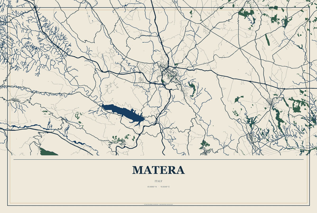 Matera, Italy City Map Aluminum Sign in Coastal Cutout style