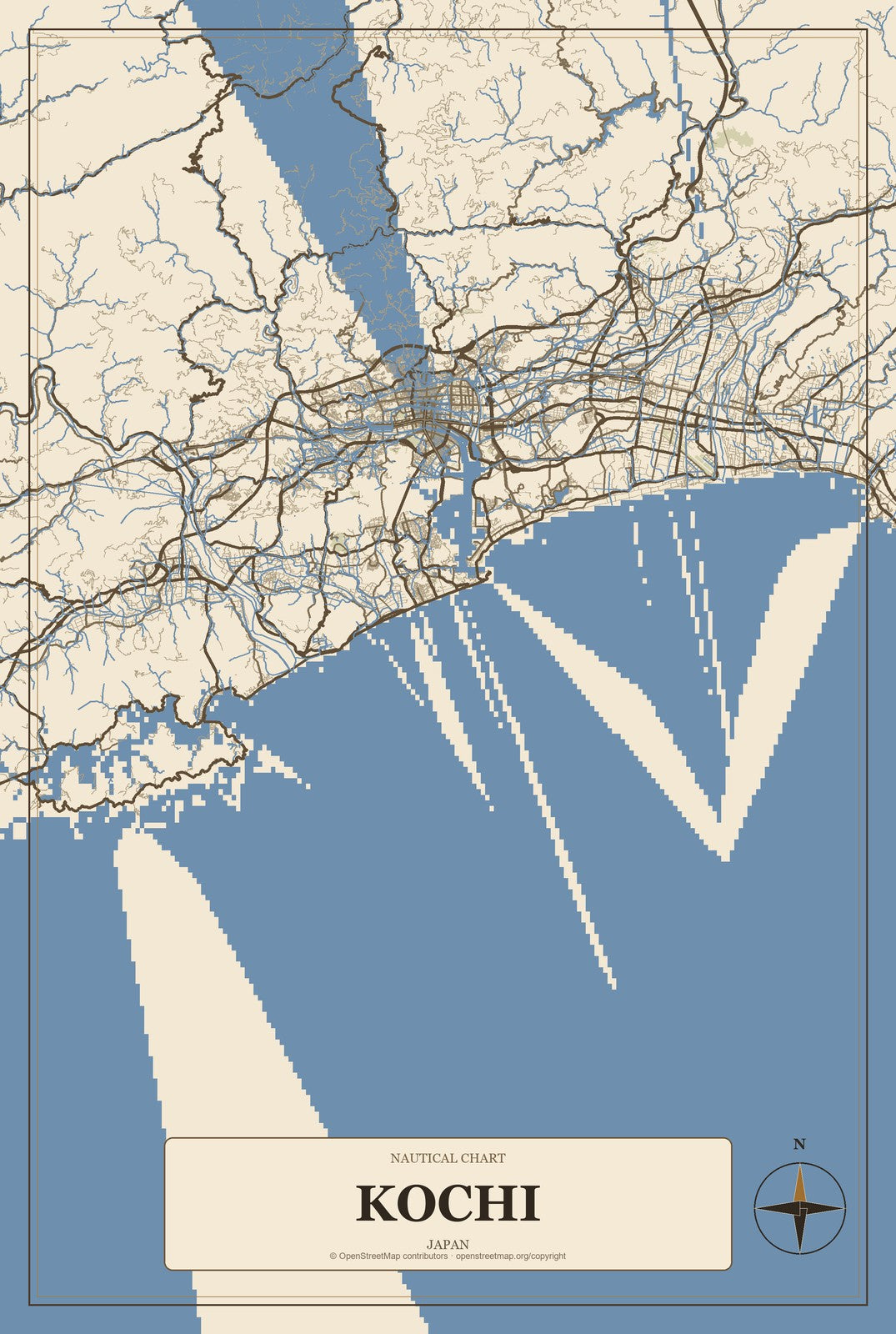 Kochi, Japan City Map Aluminum Sign in Heritage Nautical style