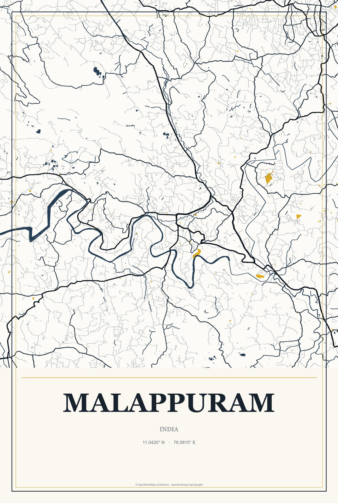 Malappuram, India City Map Aluminum Sign in Citrine Modern style