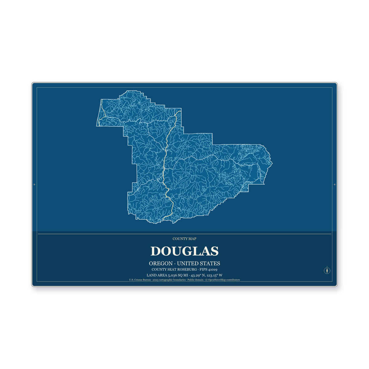 Douglas County, Oregon Map Aluminum Sign in Harbor Cobalt style