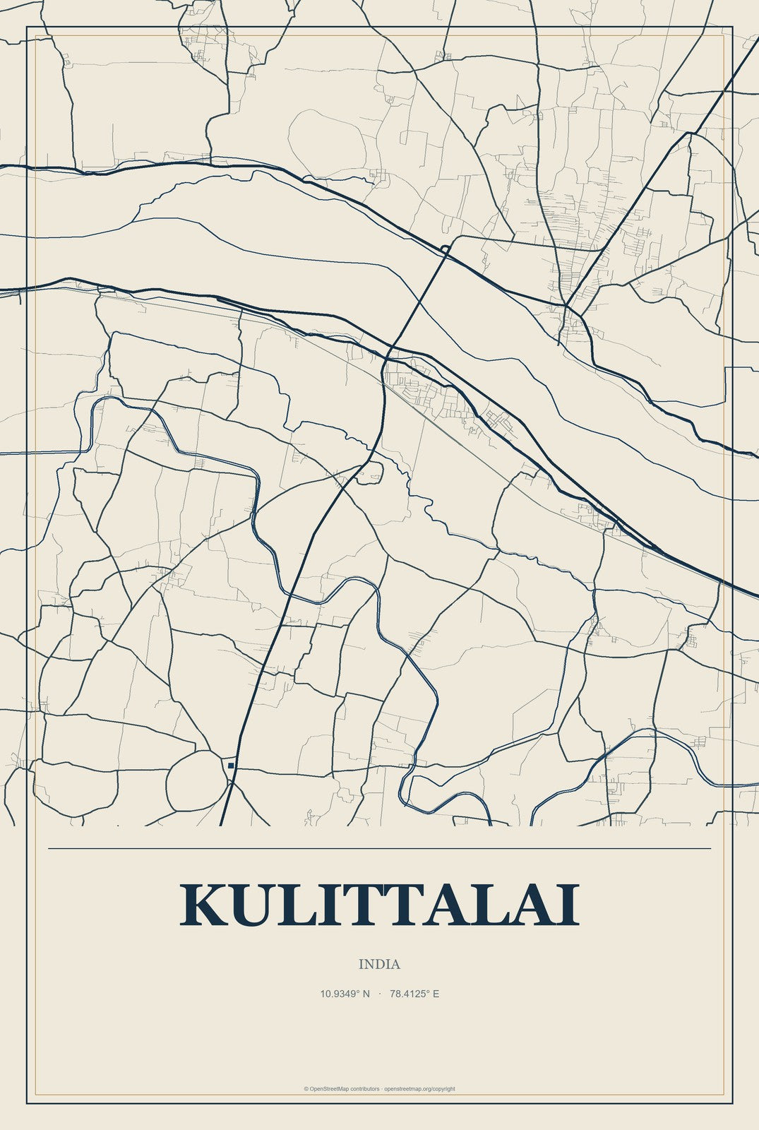 Kulittalai, India City Map Aluminum Sign in Coastal Cutout style