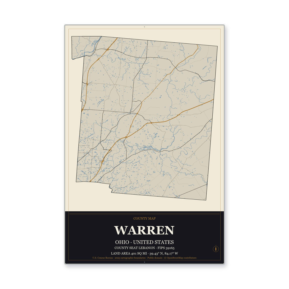 Warren County, Ohio Map Aluminum Sign in Museum Plaque style