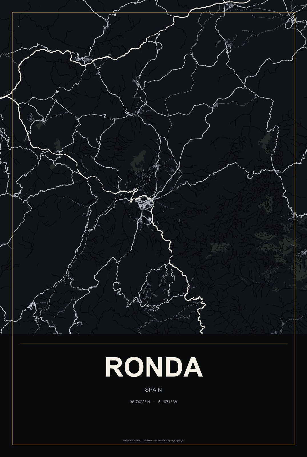 Ronda, Spain City Map Aluminum Sign in Metropolitan Noir style