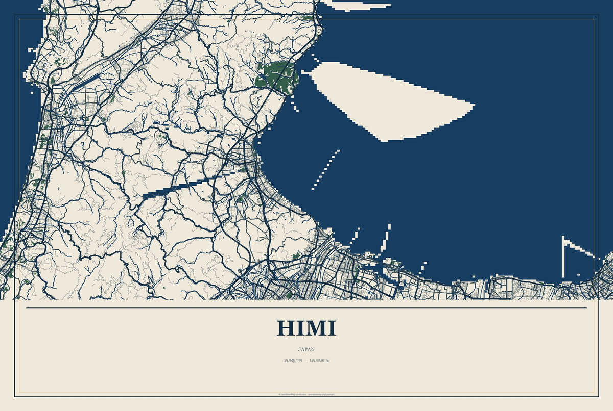 Himi, Japan City Map Aluminum Sign in Coastal Cutout style