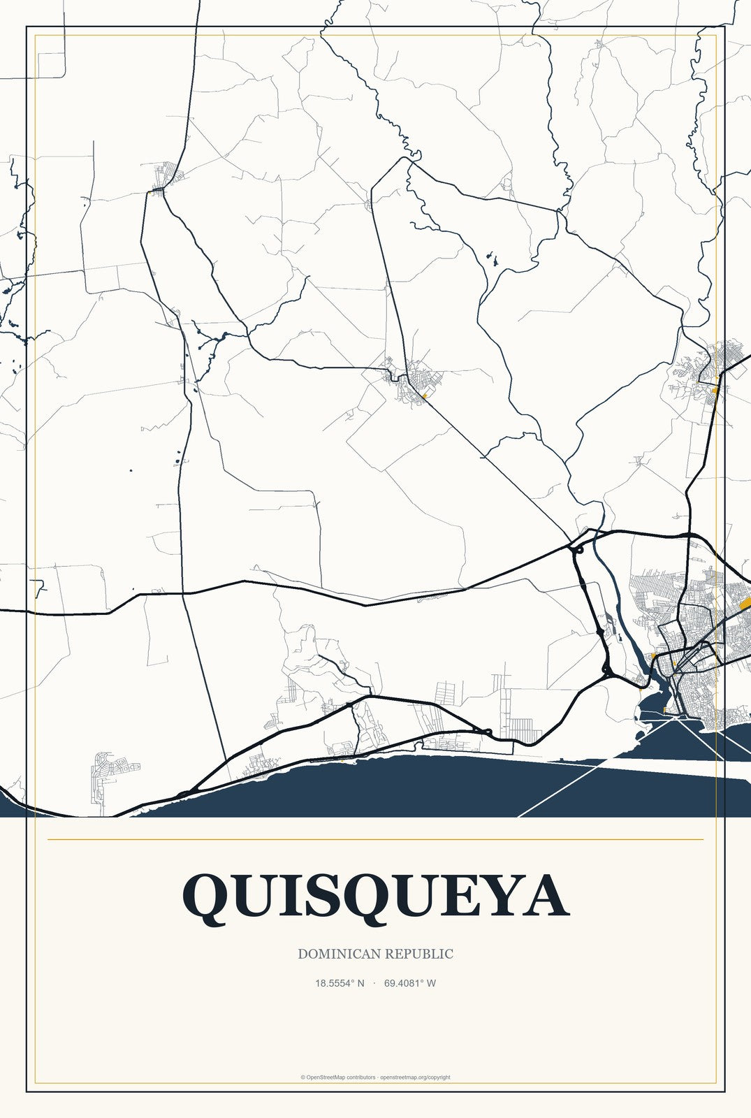 Quisqueya, Dominican Republic City Map Aluminum Sign in Citrine Modern style