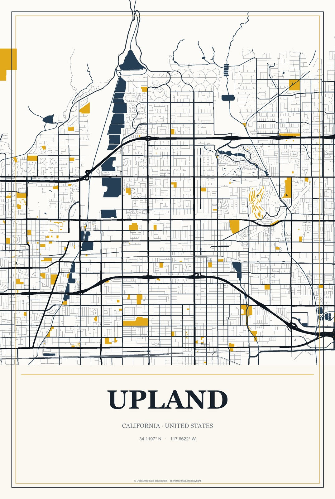 Upland, California City Map Aluminum Sign in Citrine Modern style
