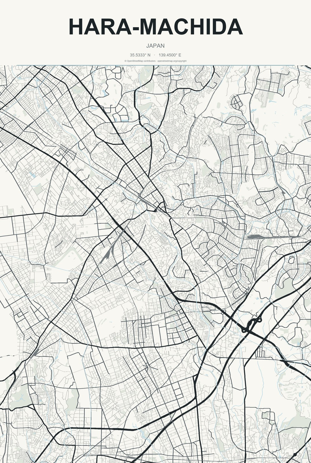 Hara-machida, Japan City Map Aluminum Sign in Headline Atlas style
