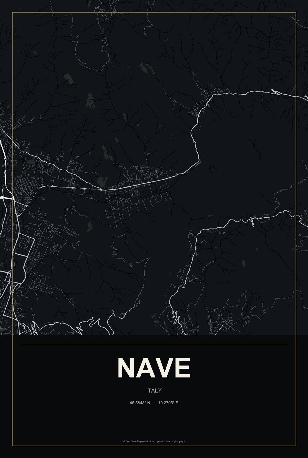 Nave, Italy City Map Aluminum Sign in Metropolitan Noir style