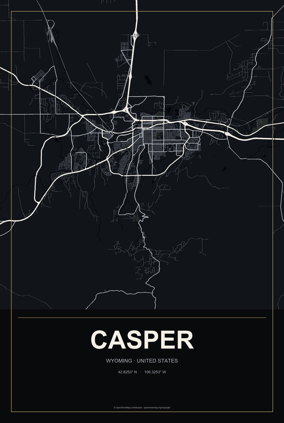 Casper, Wyoming City Map Aluminum Sign in Metropolitan Noir style