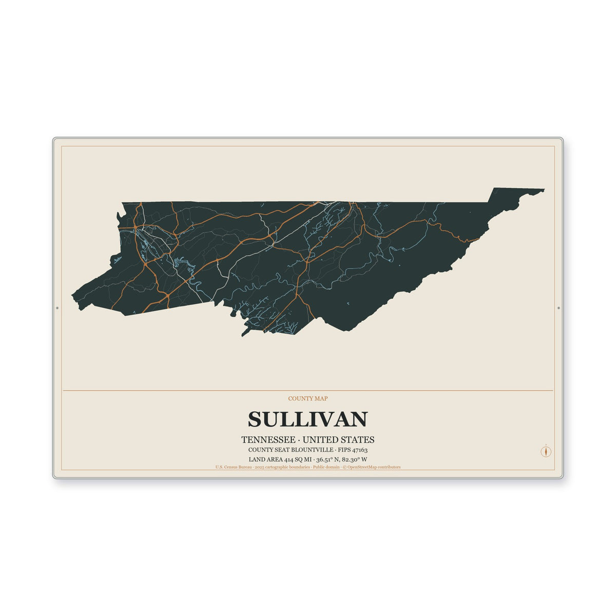 Sullivan County, Tennessee Map Aluminum Sign in Headline Atlas style