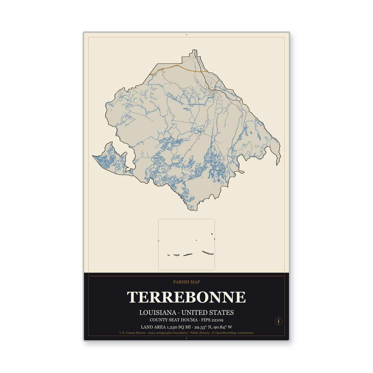 Terrebonne Parish, Louisiana Map Aluminum Sign in Museum Plaque style