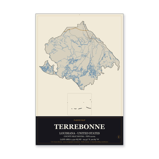 Terrebonne Parish, Louisiana Map Aluminum Sign in Museum Plaque style