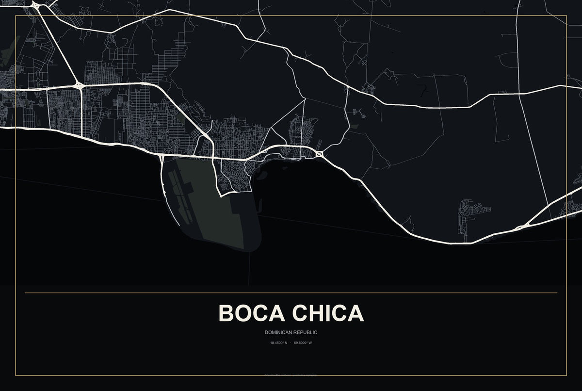 Boca Chica, Dominican Republic City Map Aluminum Sign in Metropolitan Noir style