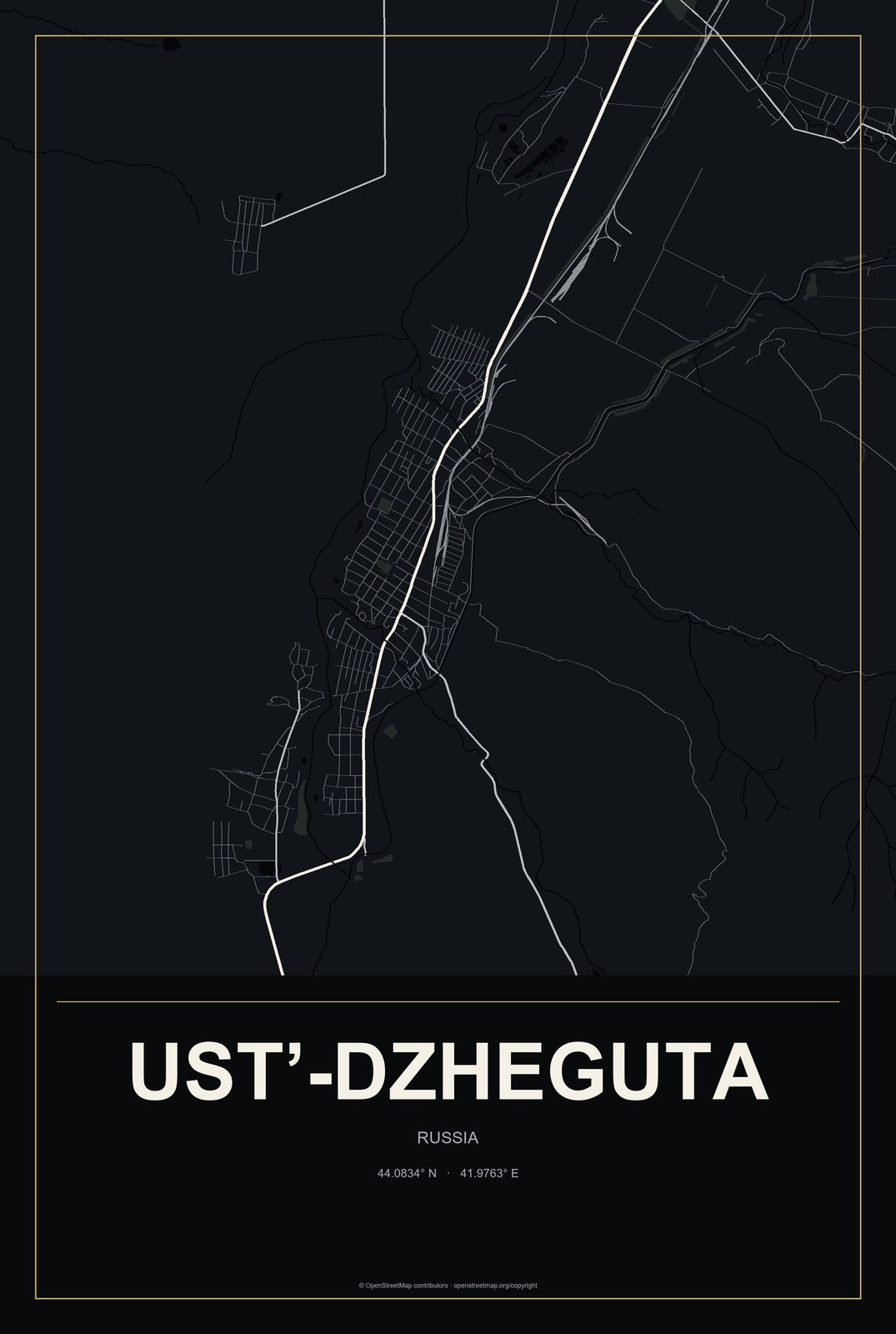 Ust’-Dzheguta, Russia City Map Aluminum Sign in Metropolitan Noir style
