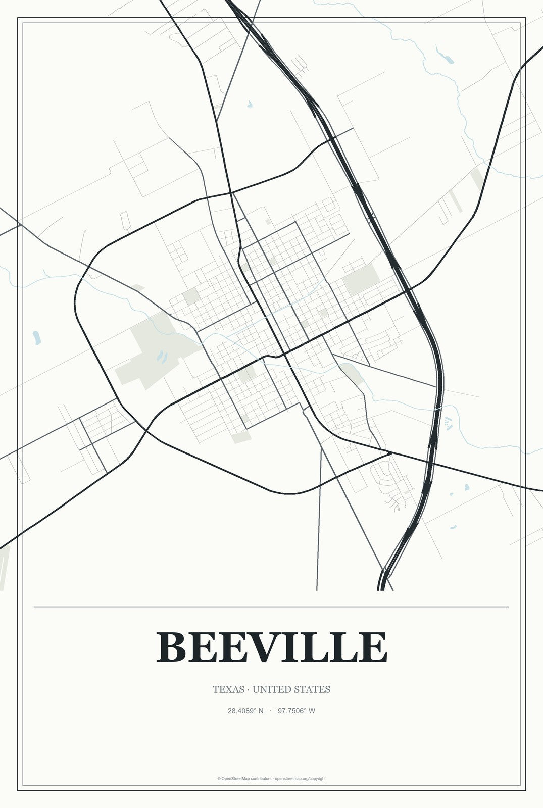 Beeville, Texas City Map Aluminum Sign in Gallery Air style