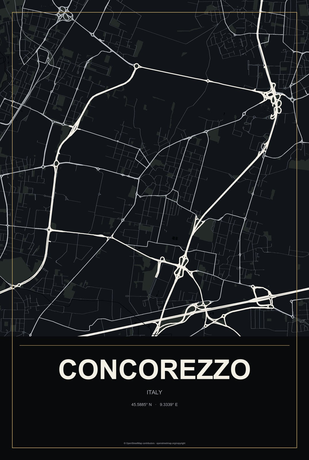 Concorezzo, Italy City Map Aluminum Sign in Metropolitan Noir style