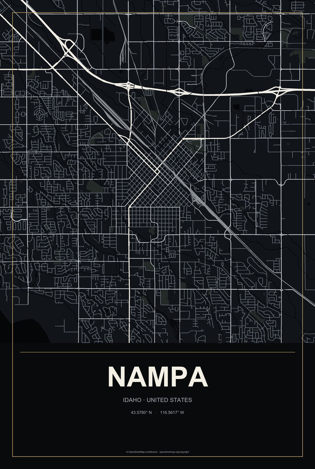 Nampa, Idaho City Map Aluminum Sign in Metropolitan Noir style