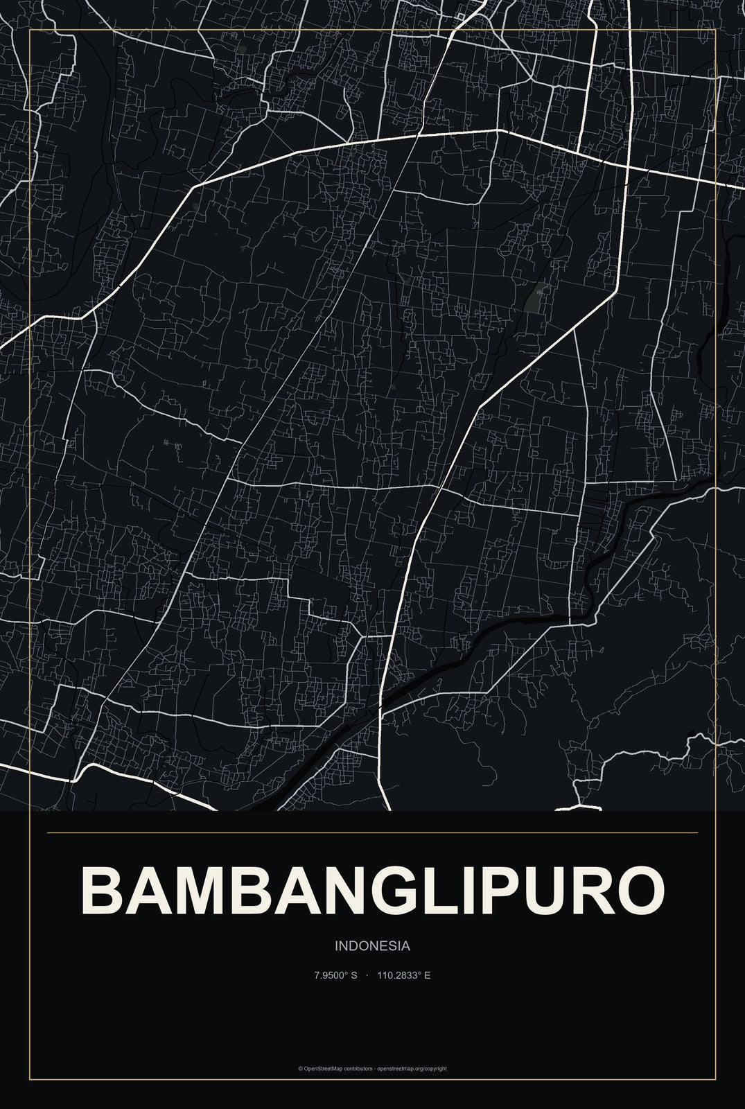 Bambanglipuro, Indonesia City Map Aluminum Sign in Metropolitan Noir style