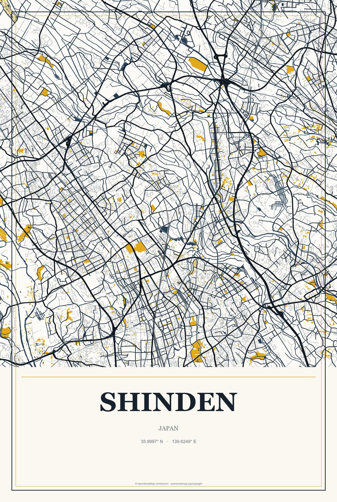 Shinden, Japan City Map Aluminum Sign in Citrine Modern style