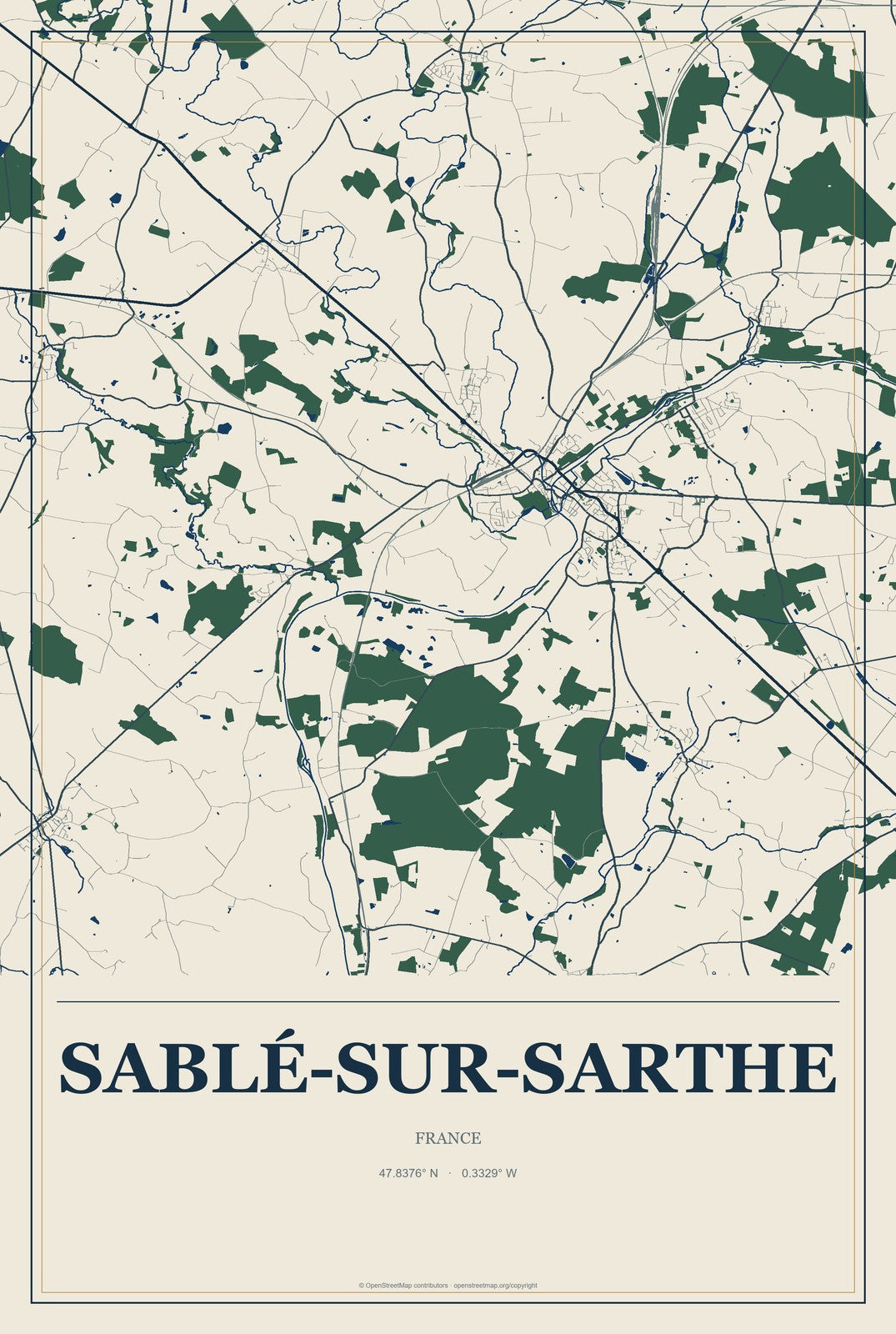 Sablé-sur-Sarthe, France City Map Aluminum Sign in Coastal Cutout style