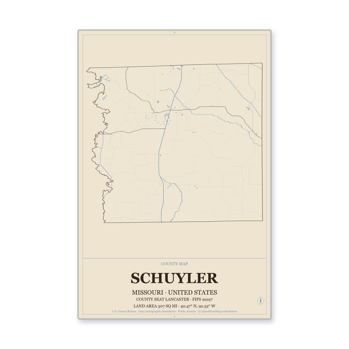 Schuyler County, Missouri Map Aluminum Sign in Heritage Nautical style