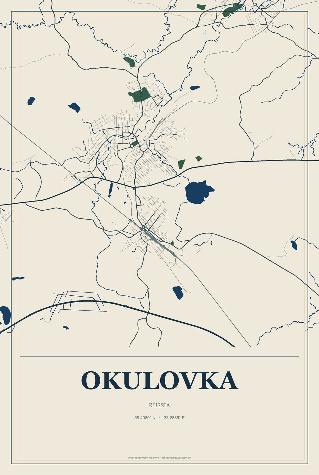 Okulovka, Russia City Map Aluminum Sign in Coastal Cutout style