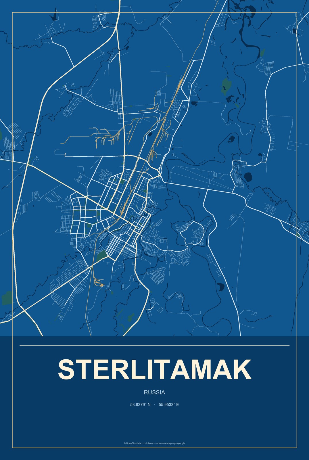 Sterlitamak, Russia City Map Aluminum Sign in Harbor Cobalt style