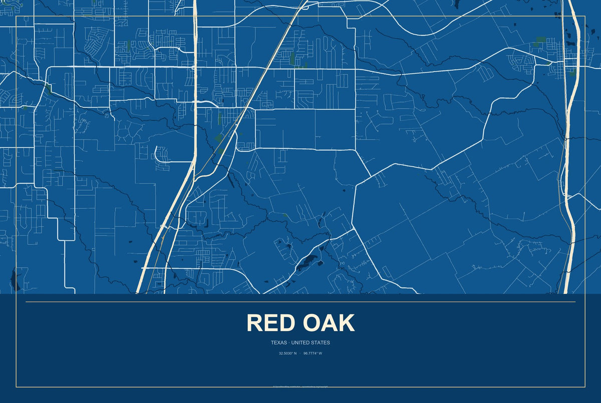 Red Oak, Texas City Map Aluminum Sign in Harbor Cobalt style
