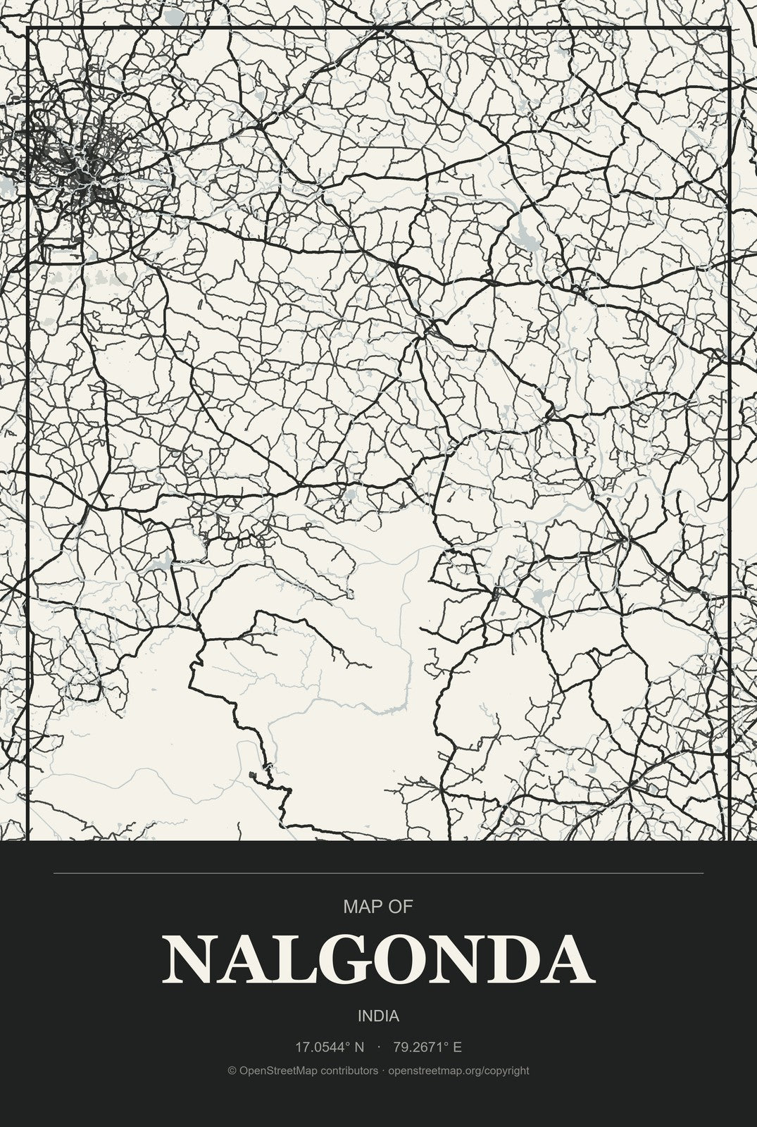 Nalgonda, India City Map Aluminum Sign in Museum Plaque style