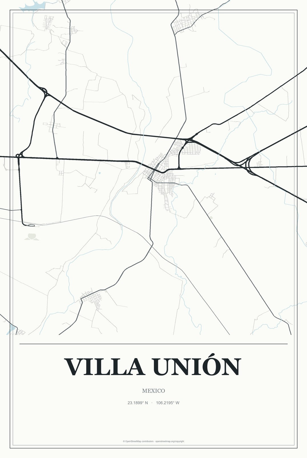 Villa Unión, Sinaloa, Mexico City Map Aluminum Sign in Gallery Air style