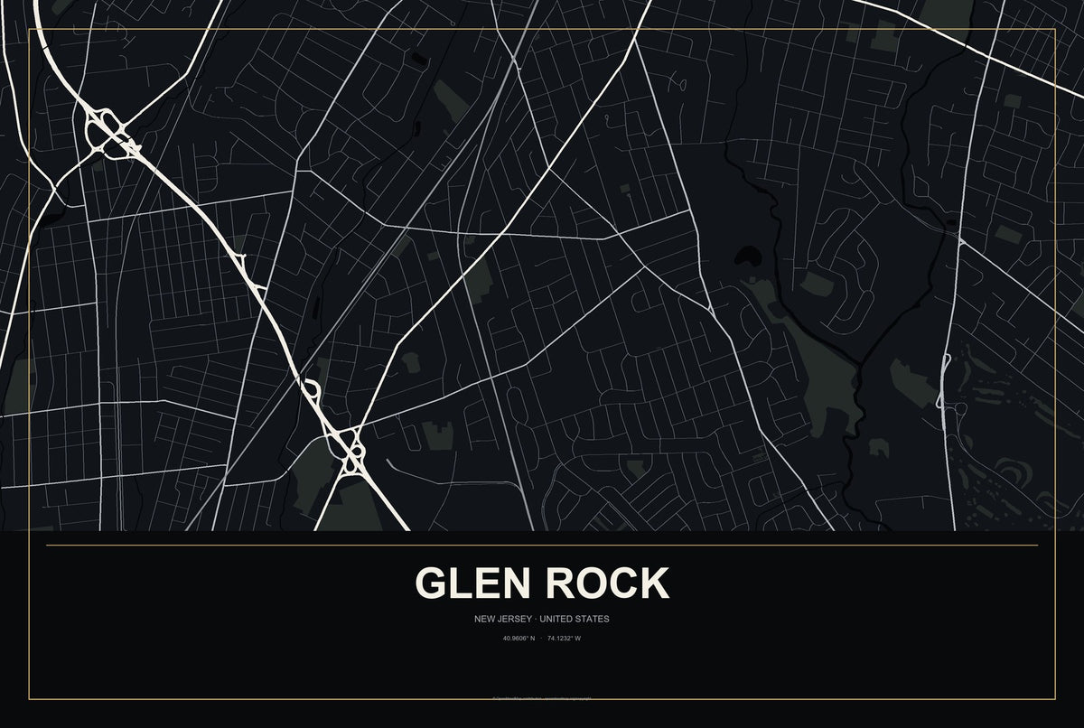 Glen Rock, New Jersey City Map Aluminum Sign in Metropolitan Noir style